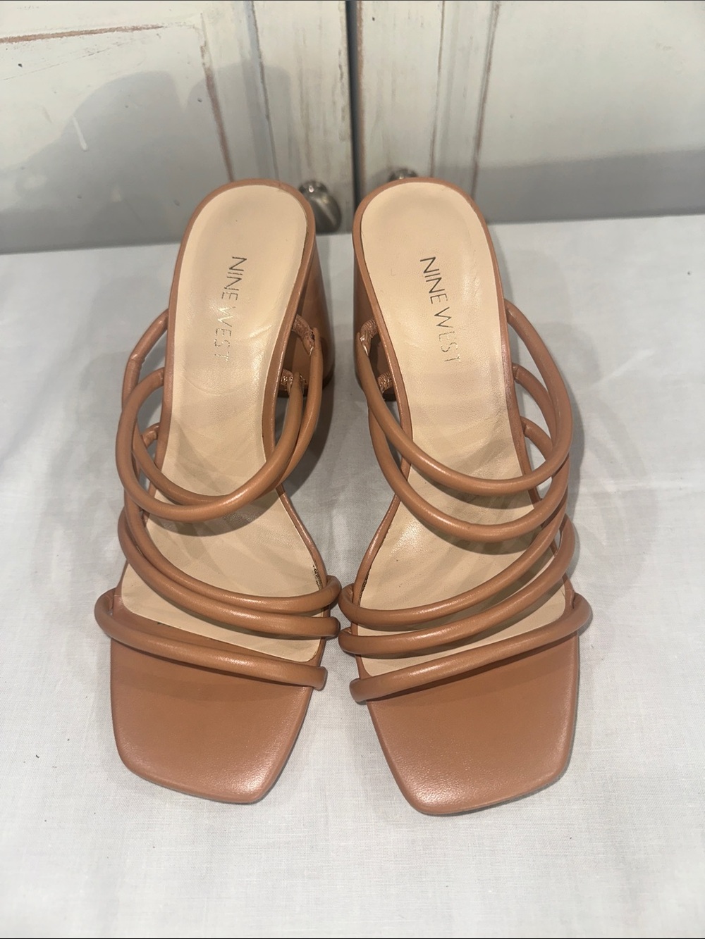 7.5 Nine West Cognac/ Tan Strappy Block Heel Sandals